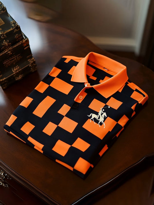 District Seven Men's Classic Business Check Logo Button Short Sleeve Polo Shirt