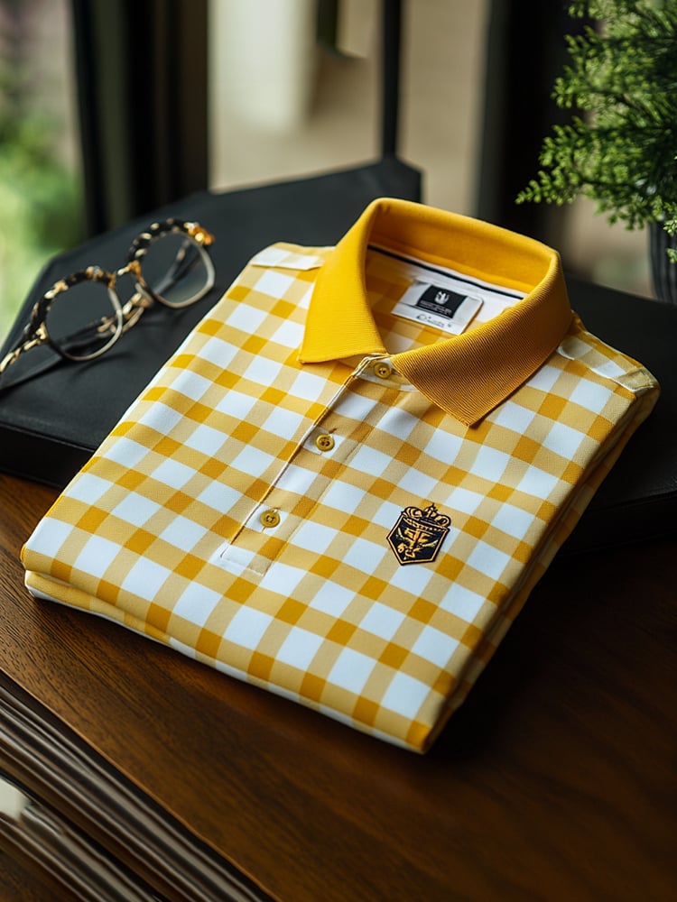 District Seven Men's Classic Business Check Logo Button Short Sleeve Polo Shirt