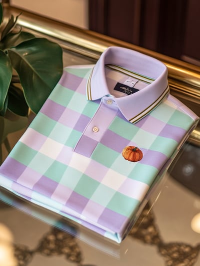 District Seven Men's Classic Business Check Halloween Pumpkin Logo Button Short Sleeve Polo Shirt